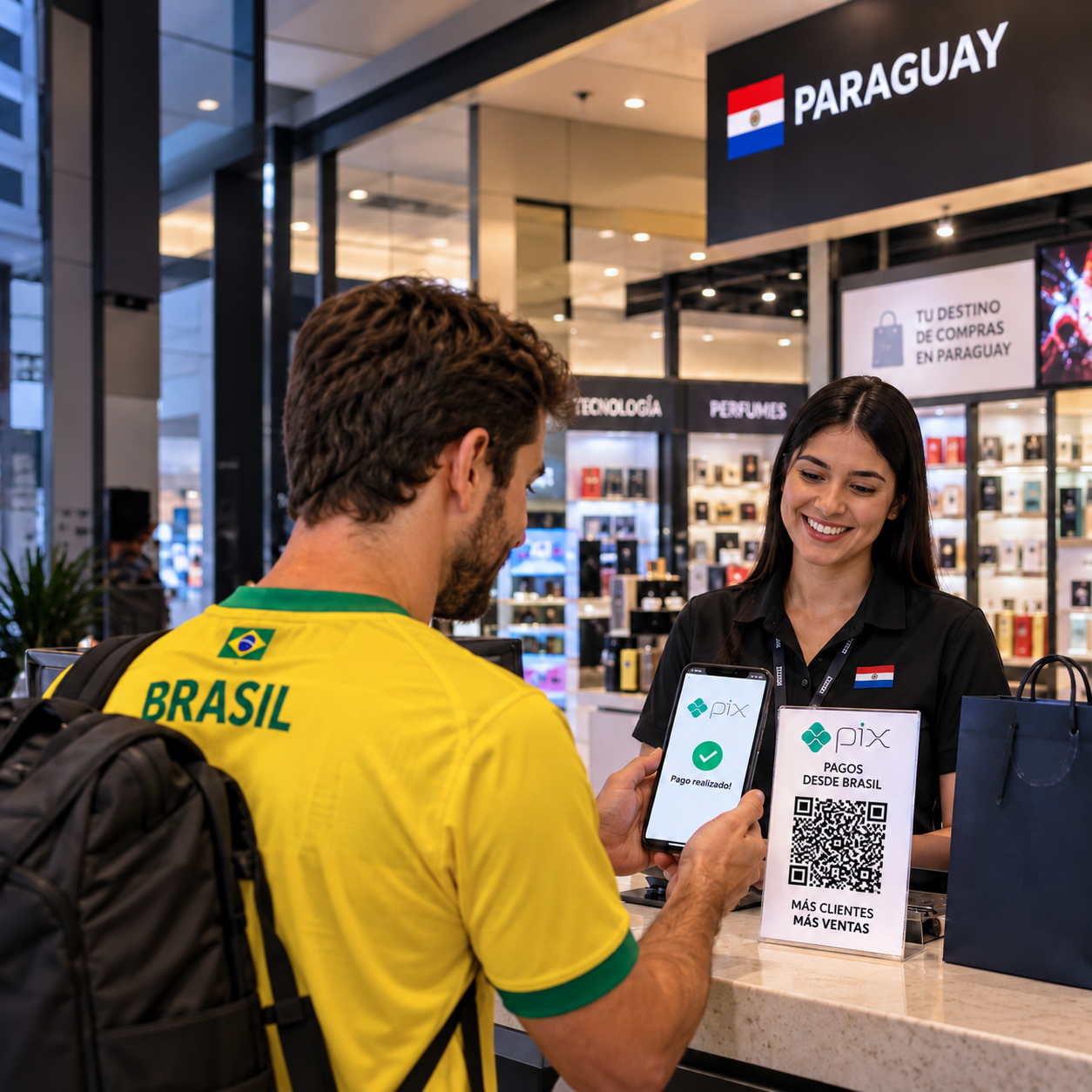 Cliente brasileño pagando con Pix en una tienda de Paraguay